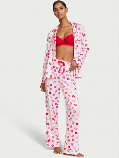Піжама Сатин Victoria’s Secret Satin Long Pajama Set, Біла з губами