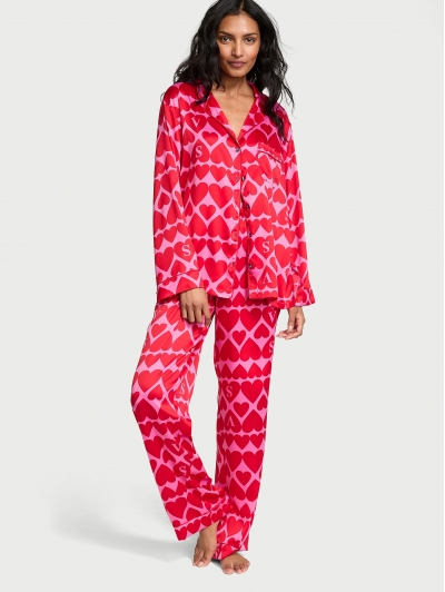 Піжама Сатин Victoria’s Secret Satin Long Pajama Set, Червона з серцями