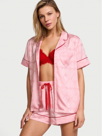 Піжама Сатин Victoria’s Secret Glazed Satin Short Pajama Set, Рожева з серцями