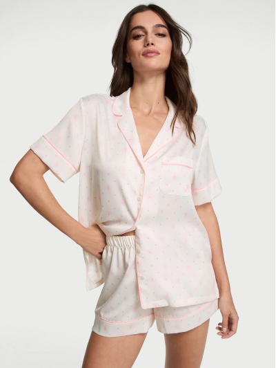Піжама Сатин Victoria’s Secret Glazed Satin Short Pajama Set, Біла з лого VS