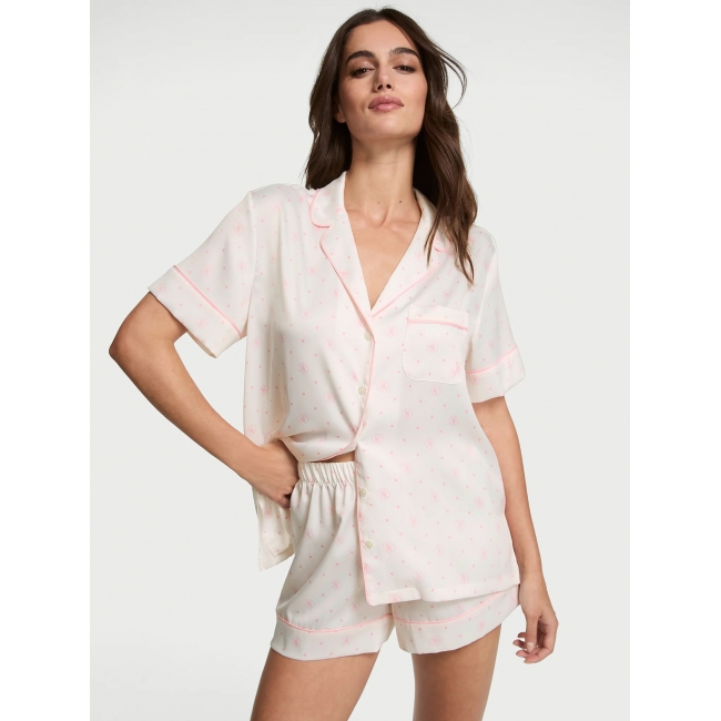 Піжама Сатин Victoria’s Secret Glazed Satin Short Pajama Set, Біла з лого VS