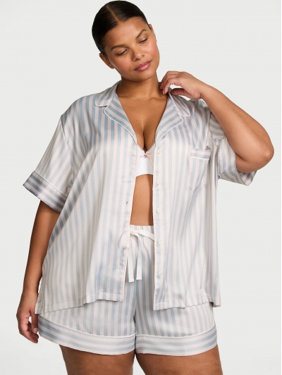 Піжама Сатин Victoria’s Secret Glazed Satin Short Pajama Set, Блакитна смужка