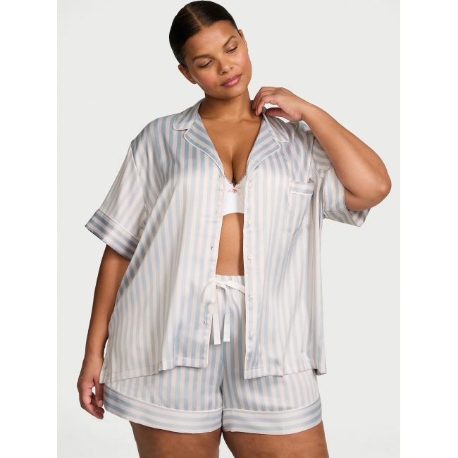 Піжама Сатин Victoria’s Secret Glazed Satin Short Pajama Set, Блакитна смужка