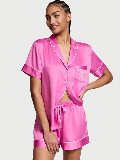 Піжама Сатин Victoria’s Secret Glazed Satin Short Pajama Set, Яскраво-рожева