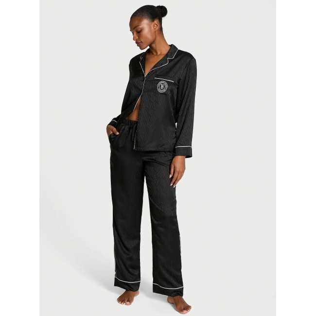 Піжама Сатин Victoria’s Secret Glazed Satin Long Pajama Set, Чорна з лого VS