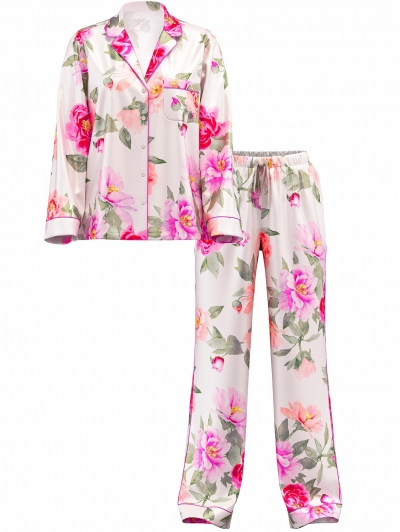 Піжама Сатин Victoria’s Secret Satin Long Pajama Set, Біла з квітами