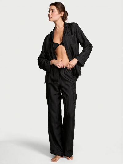 Піжама Сатин Victoria’s Secret Glazed Satin Long Pajama Set, Black Stripe Jacquard
