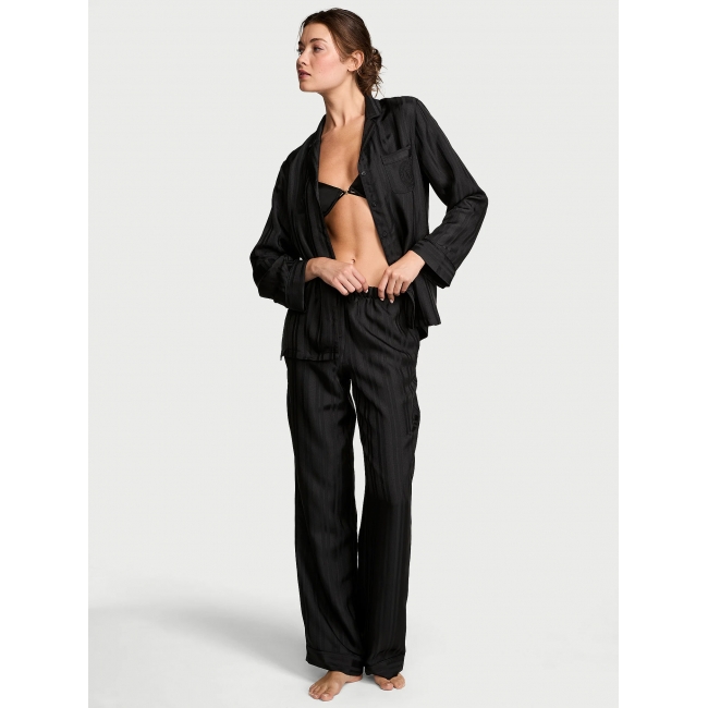 Піжама Сатин Victoria’s Secret Glazed Satin Long Pajama Set, Black Stripe Jacquard