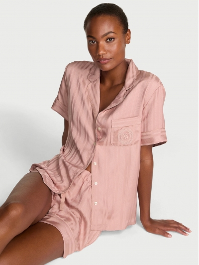 Піжама Сатин Victoria’s Secret Glazed Satin Short Pajama Set, Royal Pink Jacquard