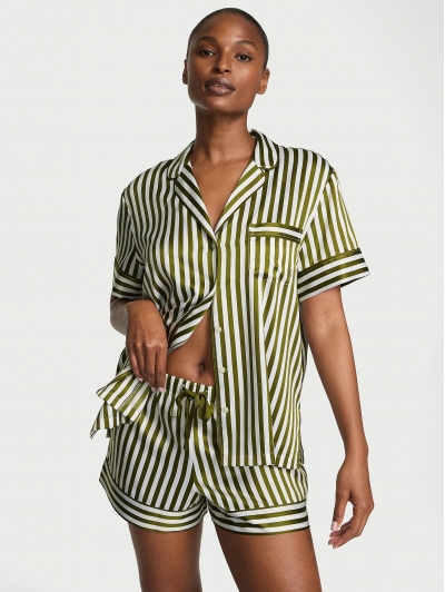 Піжама Сатин Victoria’s Secret Glazed Satin Short Pajama Set, Оливкова смужка