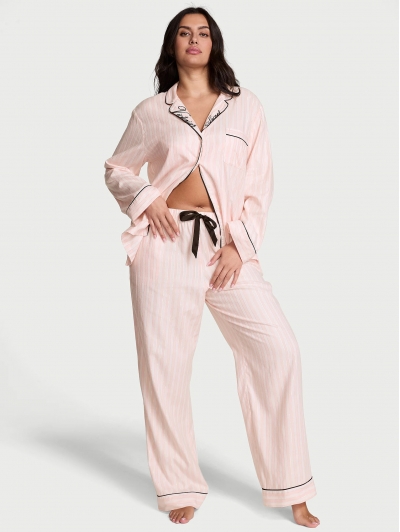 Піжама Victoria's Secret Flannel Long PJ Set, Рожева смужка з лого VS