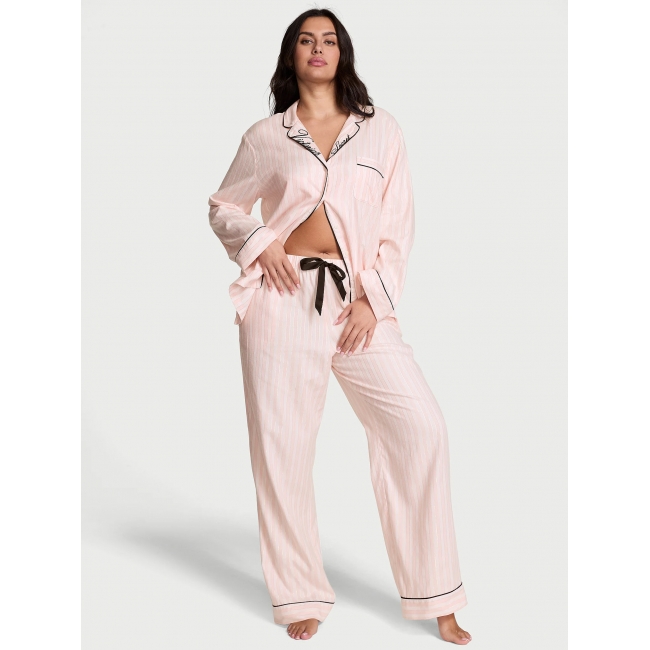 Піжама Victoria's Secret Flannel Long PJ Set, Рожева смужка з лого VS
