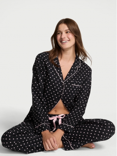Піжама Victoria's Secret Flannel Long PJ Set, Чорна в горох