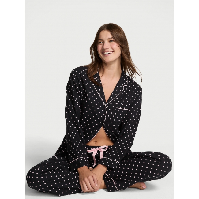Піжама Victoria's Secret Flannel Long PJ Set, Чорна в горох