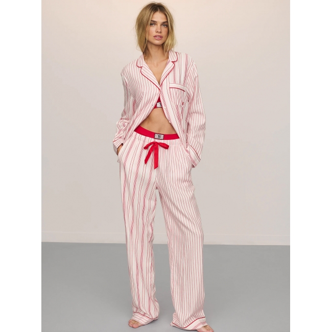 Піжама Victoria's Secret Flannel Long PJ Set, Біла у червону смужку