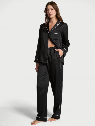 Піжама Сатин Victoria’s Secret Glazed Satin Long Pajama Set, Чорна з лого VS, New