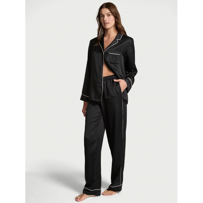 Піжама Сатин Victoria’s Secret Glazed Satin Long Pajama Set, Чорна з лого VS, New