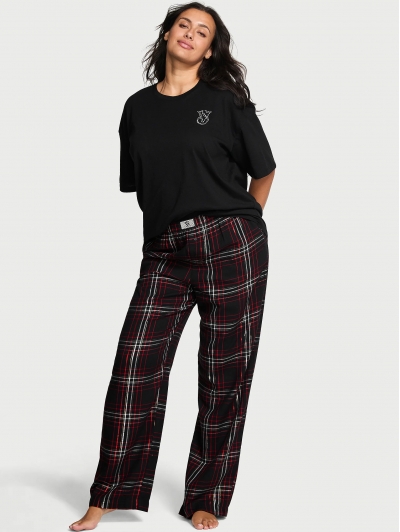 Піжама Victoria’s Secret Flannel Short-Sleeve Long Tee-Jama Set, Чорна у клітинку
