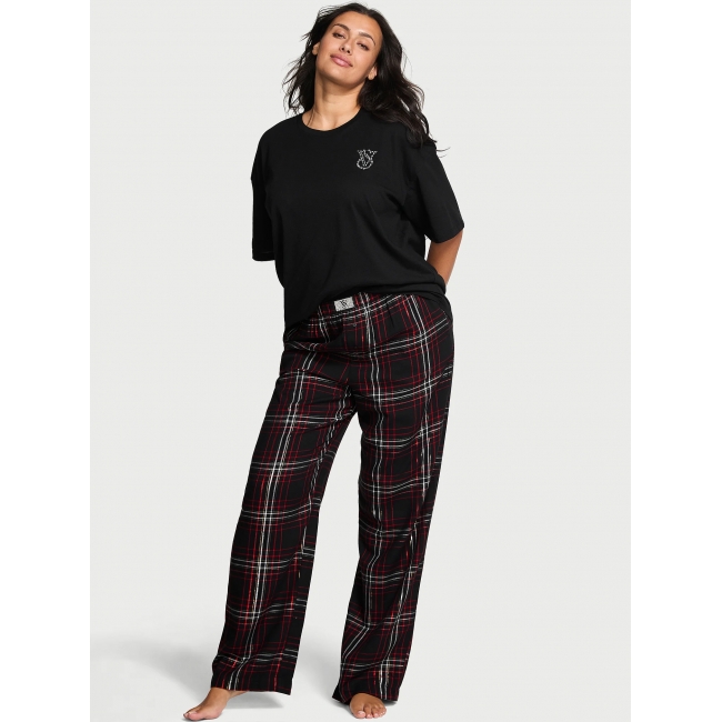 Піжама Victoria’s Secret Flannel Short-Sleeve Long Tee-Jama Set, Чорна у клітинку