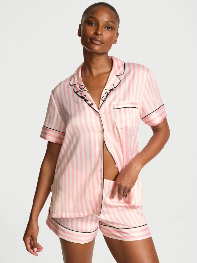 Сатинова Піжама Victoria’s Secret Satin Short Pajama Set, Рожева у смужку з лого VS