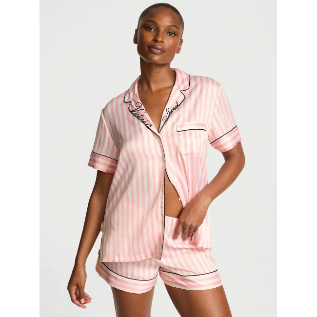 Сатинова Піжама Victoria’s Secret Satin Short Pajama Set, Рожева у смужку з лого VS