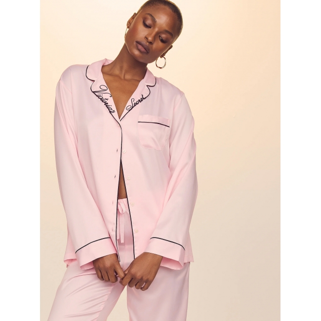 Піжама Сатин Victoria’s Secret Glazed Satin Long Pajama Set,Рожева з вишивкою