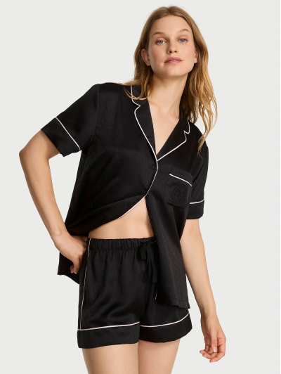 Сатинова Піжама Victoria’s Secret Signature Satin Short Pajama Set, Black Jacquard