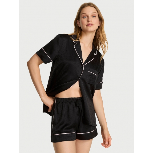 Сатинова Піжама Victoria’s Secret Signature Satin Short Pajama Set, Black Jacquard