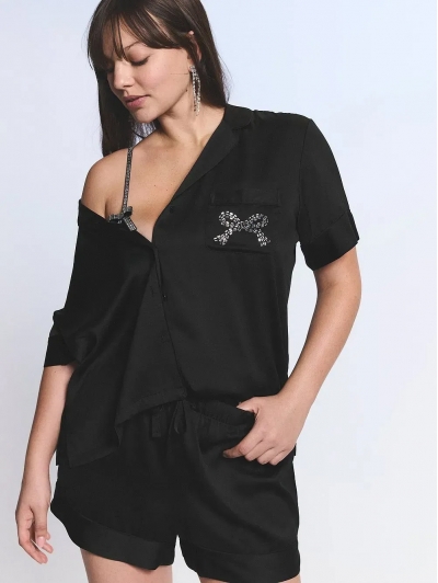 Сатинова Піжама Victoria’s Secret Signature Satin Short Pajama Set, Black with a bow