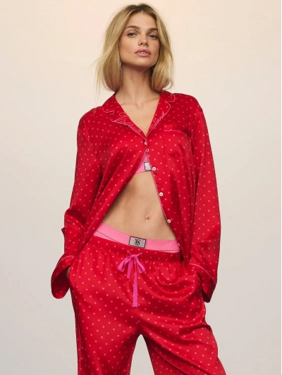 Піжама Сатин Victoria’s Secret Glazed Satin Long Pajama Set, Червона у горох