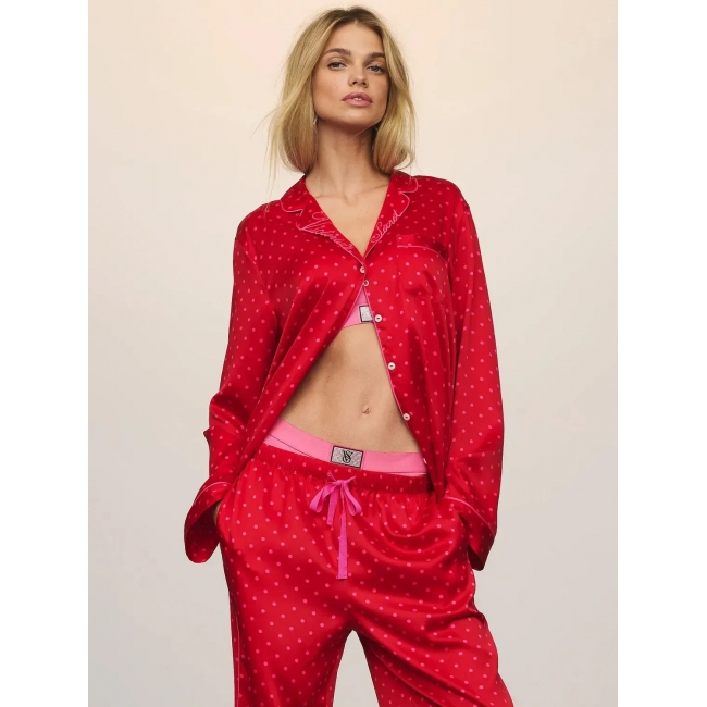 Піжама Сатин Victoria’s Secret Glazed Satin Long Pajama Set, Червона у горох