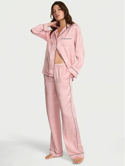 Піжама Сатин Victoria’s Secret Glazed Satin Long Pajama Set, Рожева з бантами