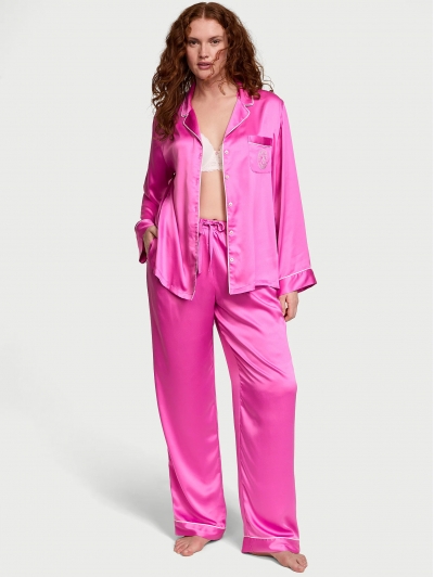 Піжама Сатин Victoria’s Secret Glazed Satin Long Pajama Set, Яскраво-рожева