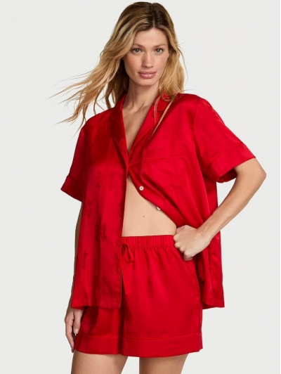 Піжама Сатин Victoria’s Secret Glazed Satin Short Pajama Set, Червона з бантами
