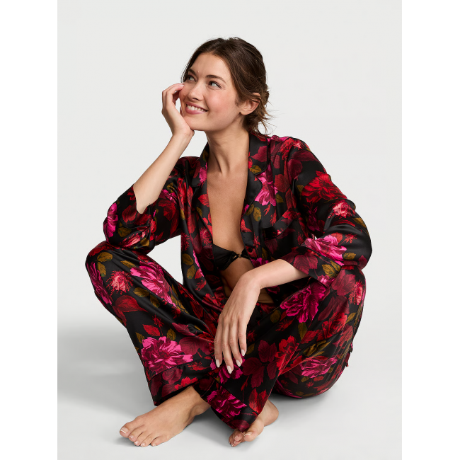 Піжама Сатин Victoria’s Secret Glazed Satin Long Pajama Set, Чорна з квітами