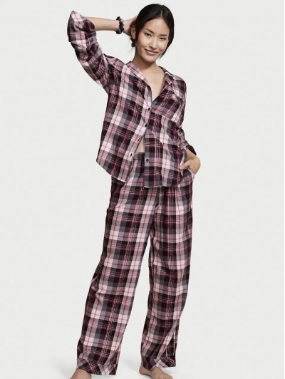 Піжама Victoria's Secret Flannel Long PJ Set, фіолетова клітина