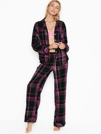 Піжама Victoria's Secret Cotton Printed Flannel Long PJ Set, Black/Rose Check Plaid
