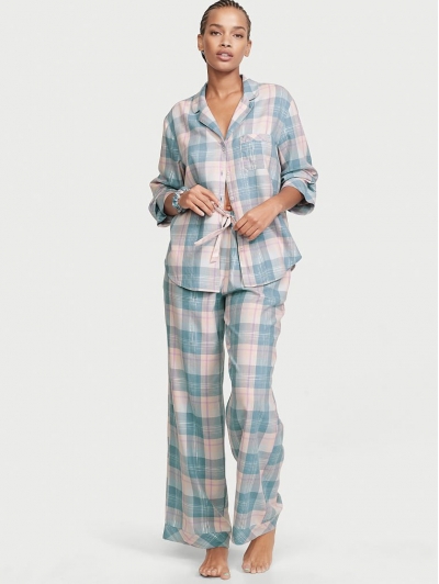 Піжама Victoria's Secret Flannel Long PJ Set, Синя Клітина