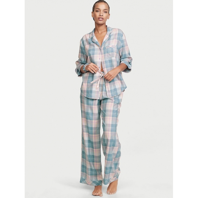 Піжама Victoria's Secret Flannel Long PJ Set, Синя Клітина
