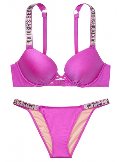 Купальник зі стразами Victoria’s Secret Bombshell Add-2-cups Push-up Shine Strap Barbados Bikini Bottom фуксія