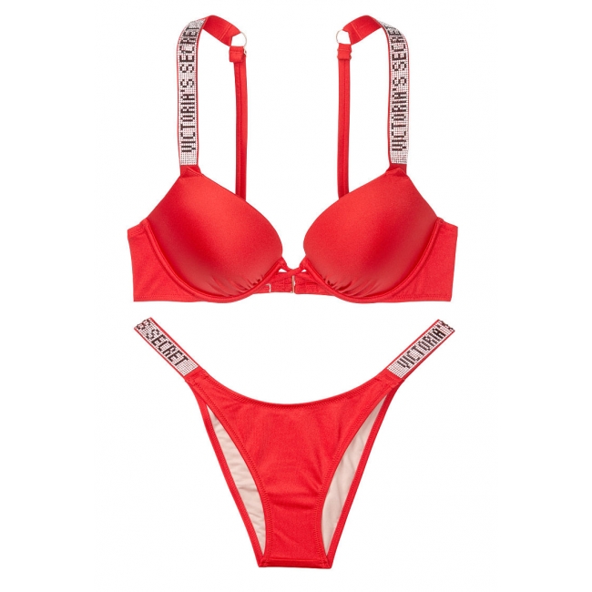 Купальник роздільний із стразами Victoria's Secret Shine Strap Swim червоний з подвійним пушапом