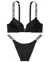 Елегантний купальник зі стразами Victoria's Secret Shine Strap Swim у чорному кольорі з подвійним пушапом