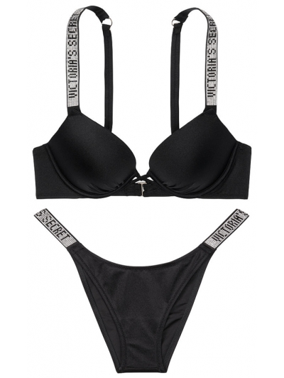 Елегантний купальник зі стразами Victoria's Secret Shine Strap Swim у чорному кольорі з подвійним пушапом