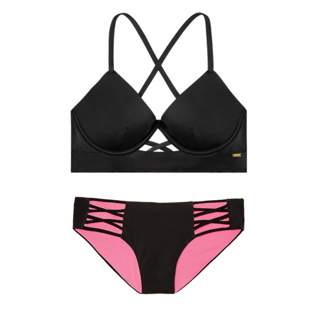 Купальник Victoria's Secret Pink Push-Up Cross-Back Scoop & Bikini у чорному кольорі