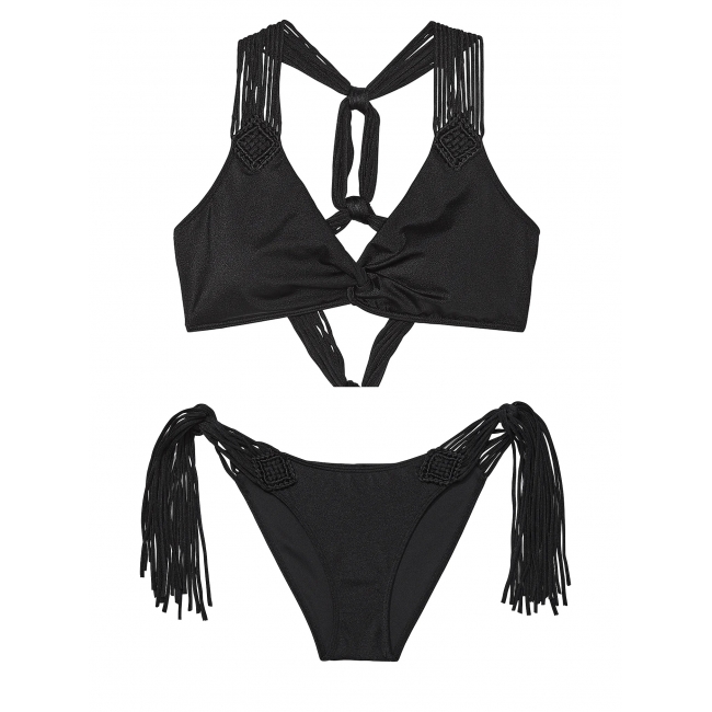 Купальник Victoria’s Secret Archives Macrame Fringe Bralette Top & Cheeky Bottom, Чорний