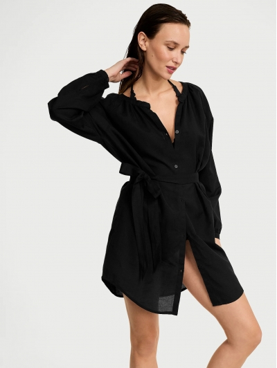 Пляжне Плаття-туніка Victoria’s Secret Beachwear Linen Easy Button-Up Dress, Чорний