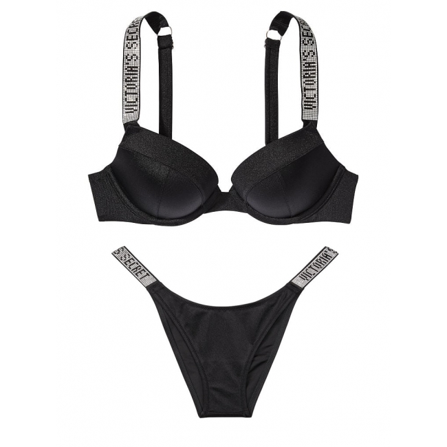 Купальник зі стразами Victoria’s Secret Shine Strap Sexy Push-Up Bikini Swim, чорний одинарний пушап