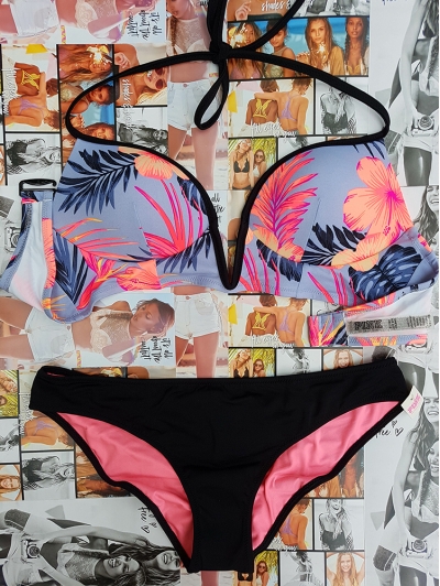 Купальник Victoria's Secret Pink з пушапом чорний низ верх з квітковим принтом