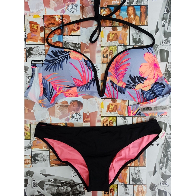Купальник Victoria's Secret Pink з пушапом чорний низ верх з квітковим принтом