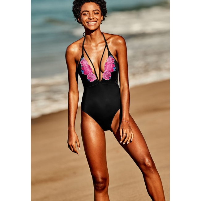 Купальник з вишивкою та глибоким декольте Victoria's Secret PINK Embroidered Strappy Plunge One-Piece